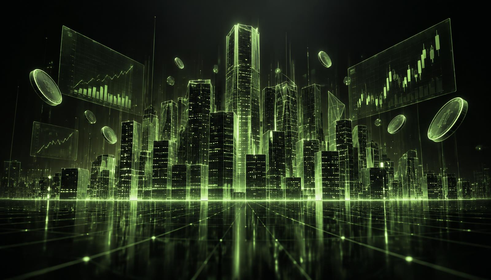 Glowing city skyline made of financial charts